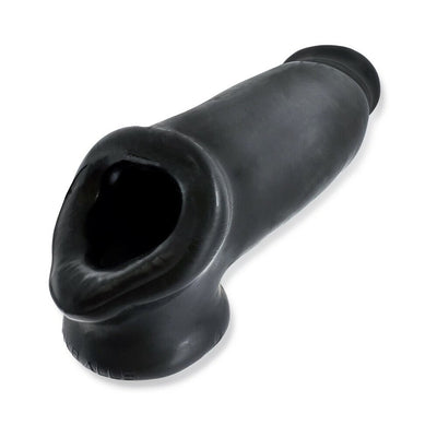 Black large flexible rubber cocksheath with wide openings and textured interior for enhanced fit and sensation.