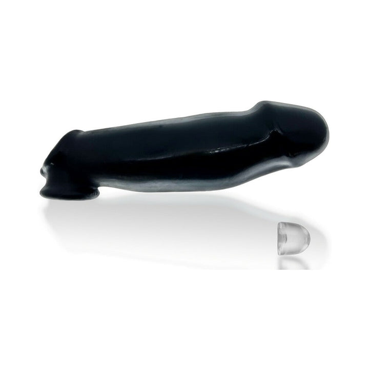 Black Oxballs Hulk Gargantic cocksheath with clear adjustable bullet insert shown on white background.