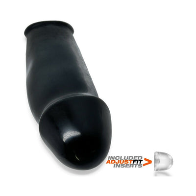 Black Oxballs Hulk Gargantic Cocksheath with included clear adjustable fit insert shown on white background.
