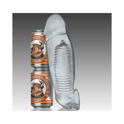 Clear Oxballs Hulk Gargantic Cocksheath displayed next to two stacked soda cans for size comparison.