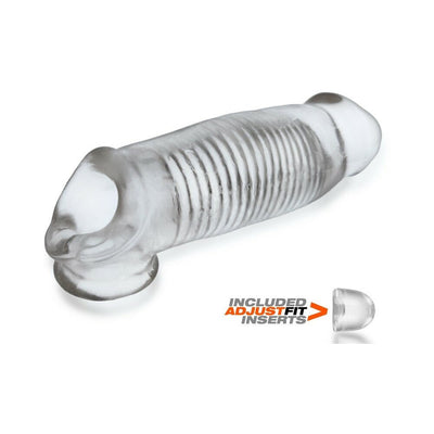 Clear flexible Oxballs Hulk Gargantic cocksheath with ribbed texture and included adjustable fit insert on white background.