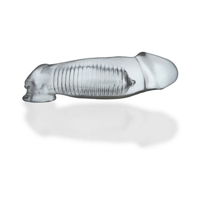 Clear flexible Oxballs Hulk Gargantic cocksheath with textured inner ridges and realistic shape for enhanced girth and length.