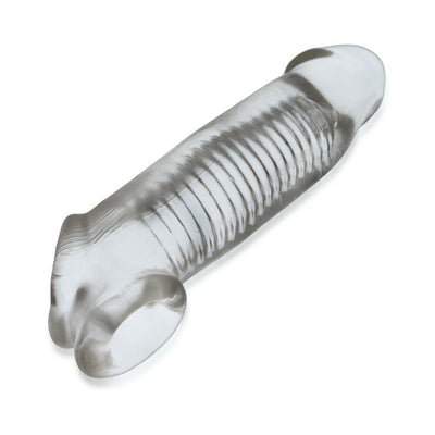 Clear flexible textured cocksheath with ribbed interior and dual openings for enhanced fit and sensation.