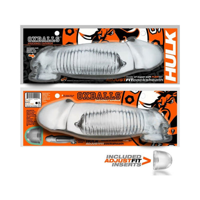 Clear Oxballs Hulk Gargantic cocksheath with ribbed interior and included AdjustFit insert in branded packaging.