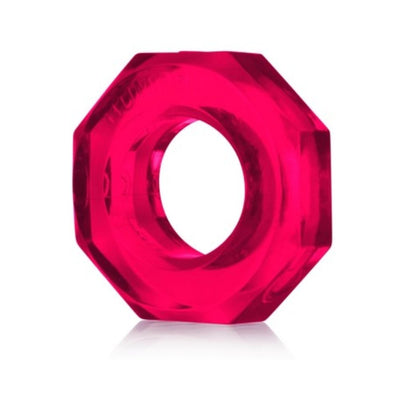 Translucent deep pink octagonal cock ring with a smooth, soft texture and a central circular opening.