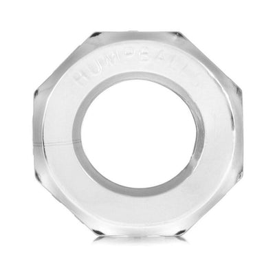 Clear smoke-colored octagonal cockring with embossed Humpballs branding, made from soft flexible material.