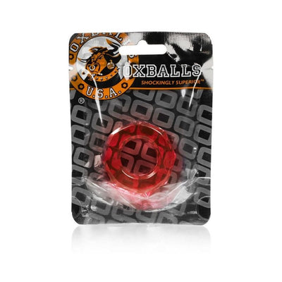 Red translucent Humpballs cockring in branded Oxballs USA packaging with black and orange accents.