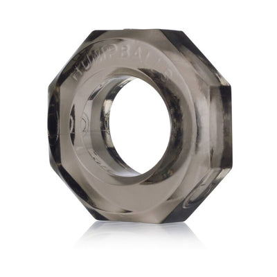 Smoke-colored translucent octagonal cockring with embossed Humpballs branding and smooth inner ring.