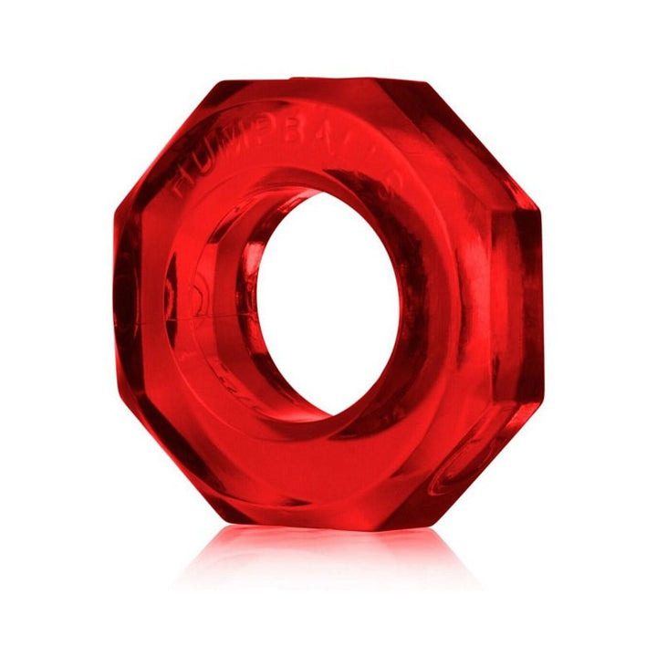 Red translucent octagonal cockring with a smooth inner circle and embossed branding detail.