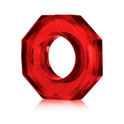 Red translucent octagonal cockring with a smooth inner circle and embossed branding detail.