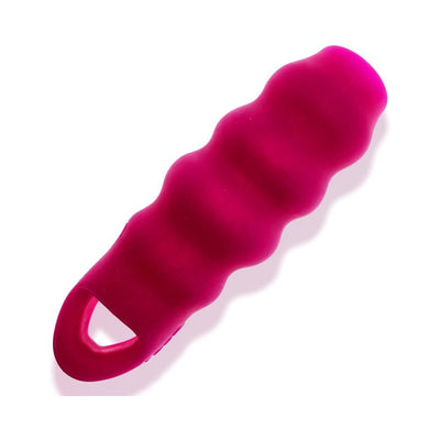 Magenta textured open-ended silicone cocksheath with wavy ripples and a looped handle end.