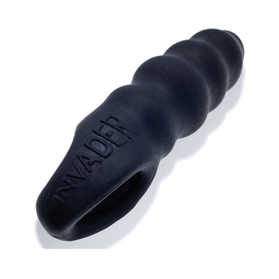 Black textured open-ended silicone cocksheath with "INVADER" embossed on the side for added stimulation.