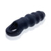 Black textured open-ended silicone cocksheath with ergonomic grip and ribbed design for enhanced stimulation.