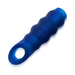 Blue textured open-ended silicone cocksheath with ball ring designed for enhanced fit and stimulation.