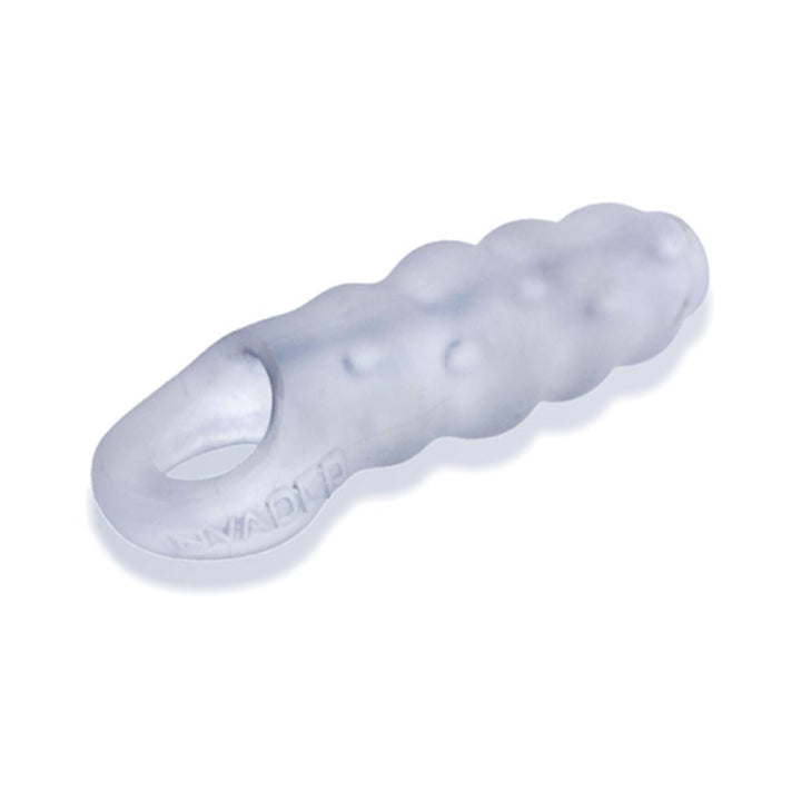 Translucent textured silicone and TPR blend open-ended cocksheath with ribbed design and ball ring loop.