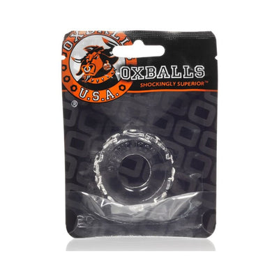Clear textured cockring in black and orange Oxballs branded packaging with bull logo and product name.
