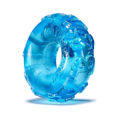 Blue translucent textured Jelly Bean cockring with raised patterns and a smooth inner channel.