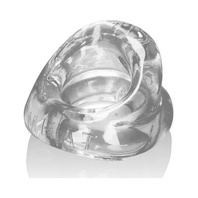 Clear, thick padded cockring with embossed "MEAT" branding, made from flexible material for comfort and support.