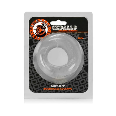 Clear padded cockring in branded Oxballs Meat packaging with black and orange design accents.