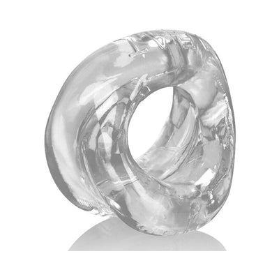 Clear, thick padded cockring made from flexible material with embossed lettering on the surface.