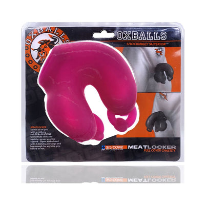 Oxballs Meatlocker full cover chastity device in pink silicone displayed in retail packaging with usage illustrations.
