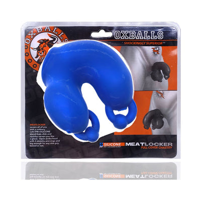 Blue Oxballs Meatlocker full-cover chastity device in retail packaging with product branding and usage images.