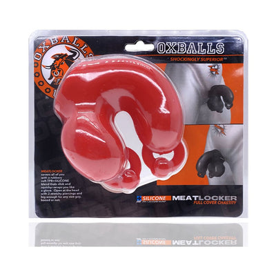 Oxballs Meatlocker full cover chastity device in red silicone packaging with product details and usage images.