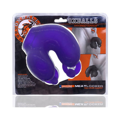 Purple Oxballs Meatlocker full cover chastity device in retail packaging with product information and usage images.