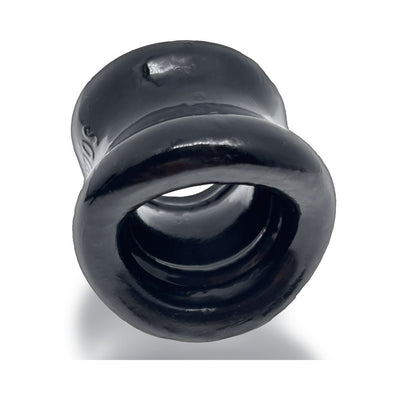 Black glossy ergonomic ballstretcher with oval inner shape and thick rubbery edges for comfort and secure fit.