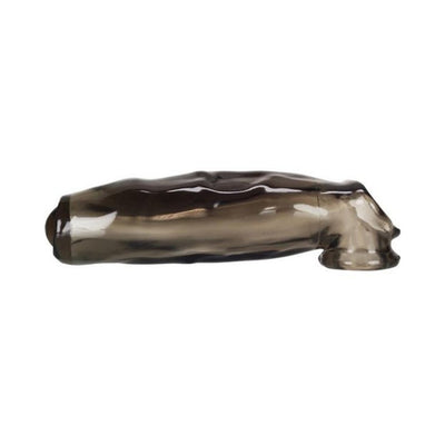 Transparent smoky gray flexible cock sheath with realistic texture and pronounced foreskin hood design.