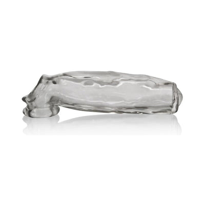 Transparent flexible Miguel cock sheath with textured surface and realistic foreskin hood design.