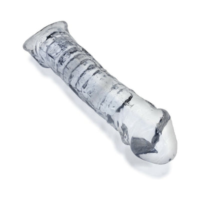 Clear slim textured silicone muscle cocksheath with detailed veining and contoured shape.