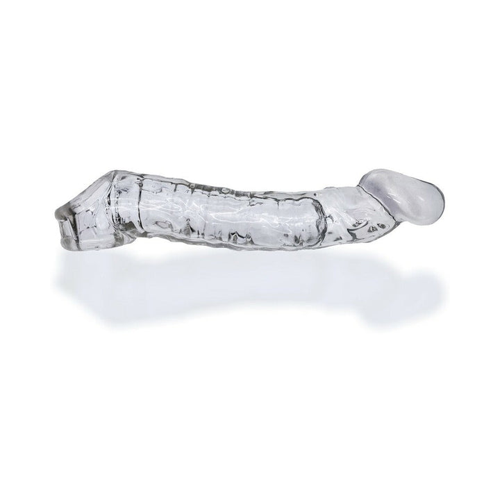 Clear slim muscle cocksheath with textured surface and adjustable fit for enhanced girth and length.