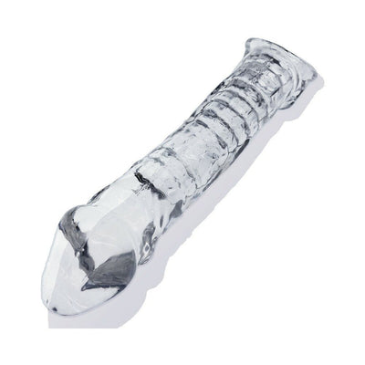 Clear textured slim muscle cocksheath with ribbed design and adjustable fit for added length and girth.