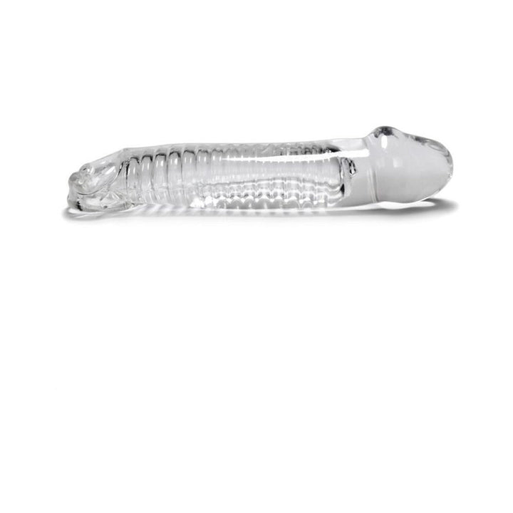 Clear flexible cock sheath with textured ridges and adjustable silicone stopper for a customizable fit.