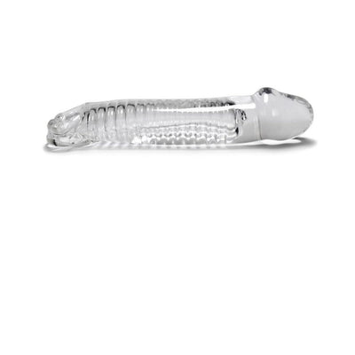 Clear flexible cock sheath with textured ridges and adjustable silicone stopper for a customizable fit.