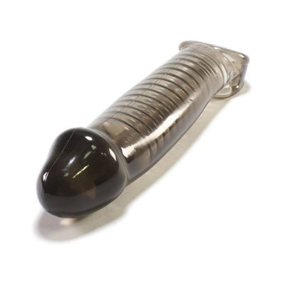 Transparent smoky gray flexible cock sheath with ribbed texture and adjustable silicone stopper on white background.