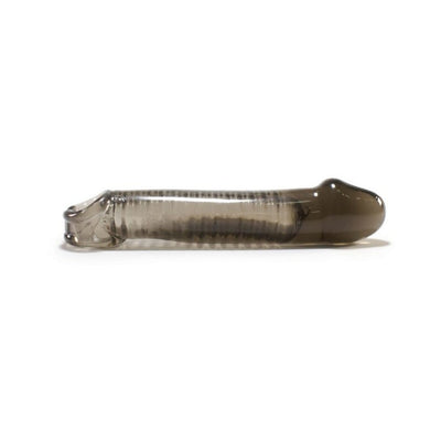 Transparent smoky gray flexible cock sheath with textured ridges and adjustable silicone stopper on white background.