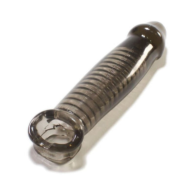 Transparent smoky gray flexible cock sheath with ribbed texture and adjustable silicone stopper ring.