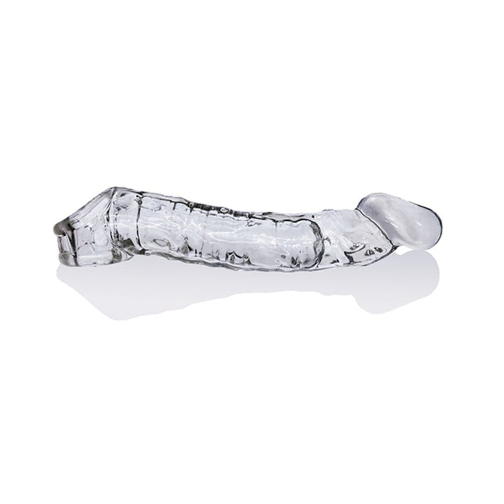 Transparent flexible cocksheath with textured design and contoured shape for enhanced fit and comfort.