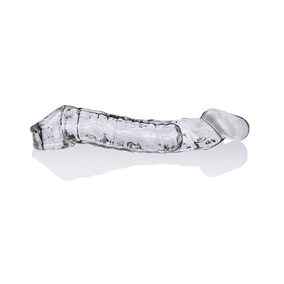 Transparent flexible cocksheath with textured design and contoured shape for enhanced fit and comfort.