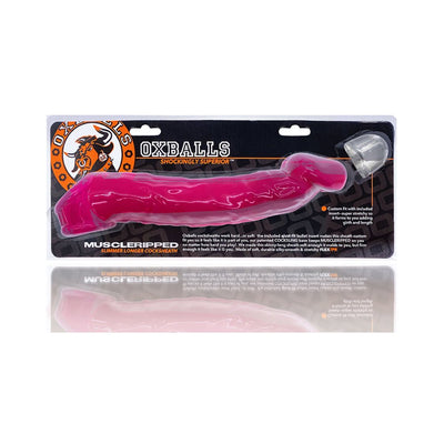 Oxballs Muscle Ripped Cocksheath in bright pink with adjustable insert, packaged on branded black and orange card.