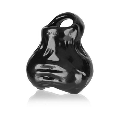 Black flexible TPR ballsack-shaped pouch with a loop handle, designed for comfort and versatility.