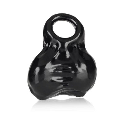 Black flexible TPR ballsack sleeve with a top ring and textured surface for anatomical enhancement.