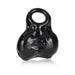 Black flexible TPR ballsack sleeve with a top ring and textured surface for anatomical enhancement.