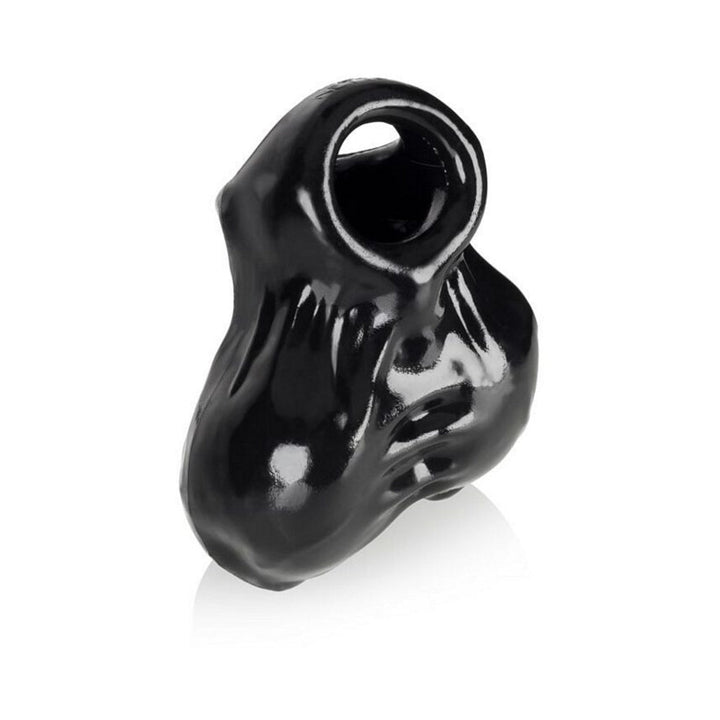 Black flexible ballsack enhancer made of shiny stretchable material with openings for comfort and versatility.