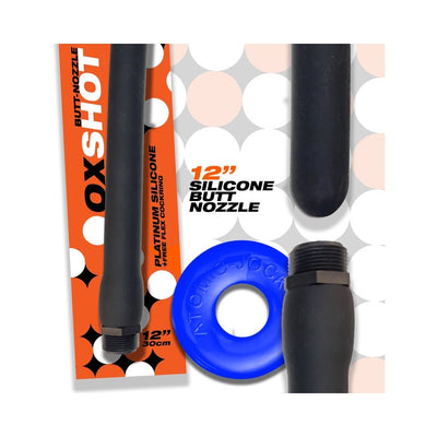 Black 12-inch silicone butt nozzle with threaded base and blue Atomic Jock flex cockring on branded packaging.