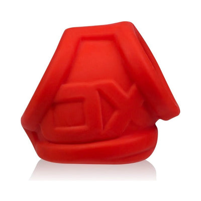 Red silicone Oxballs Oxsling cocksling with embossed logo, designed for comfort and secure fit.