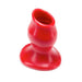 Red medium-sized hollow silicone plug with smooth curved design and flared base for comfortable extended wear.