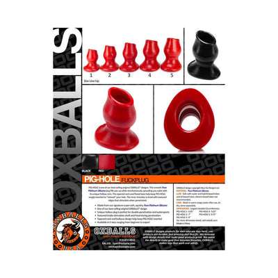 Red and black hollow silicone butt plugs in five sizes with product details and brand information on a white background.